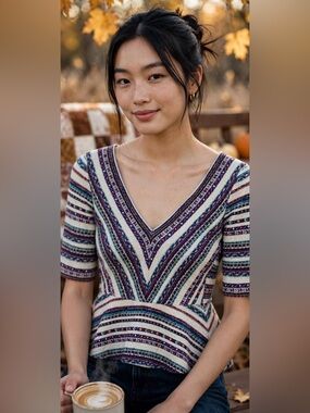 Deletta Anthropologie Boho Peplum Top Textured Stripe romantic fall blouse